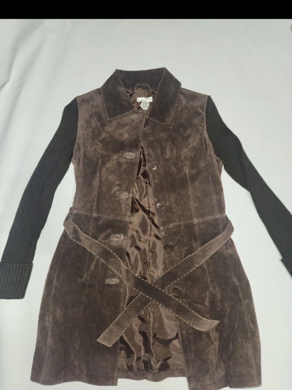 twiggy LONDON Brown Suede Trench Coat with Knit Sleeves